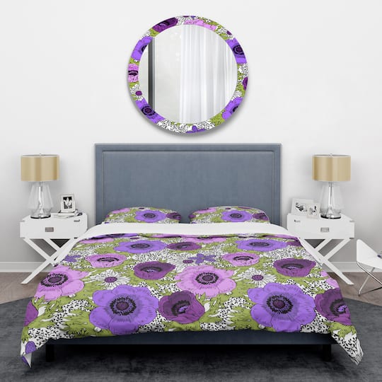Designart 'Purple Retro Fantasy Flowers' Mid-Century Duvet Cover Set
